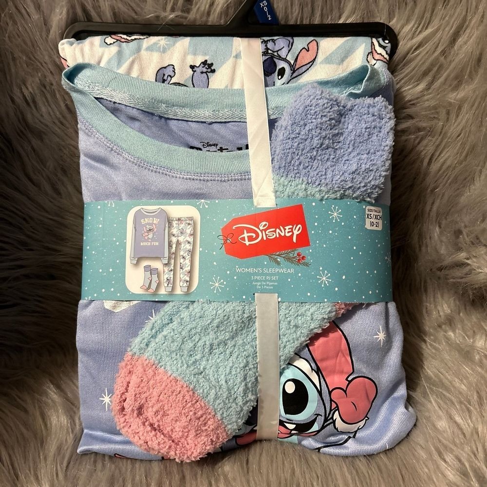 Disney Stitch 3 Piece Pajama Set Womens Size XS (0-2) Blue Pajamas Pjs Socks